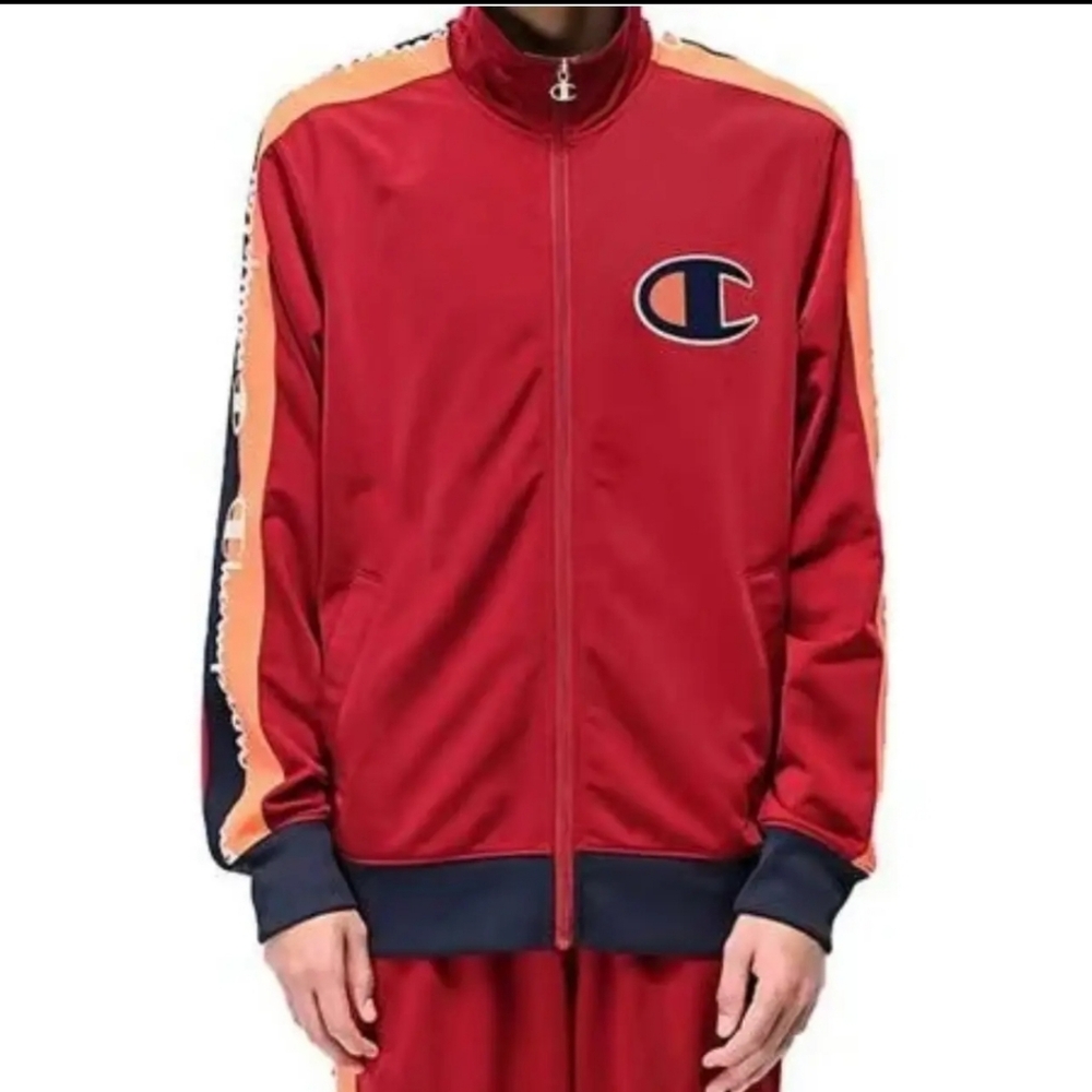 Champion Zip Warm Up Track Coach Jacket Tricot C logo red orange and white